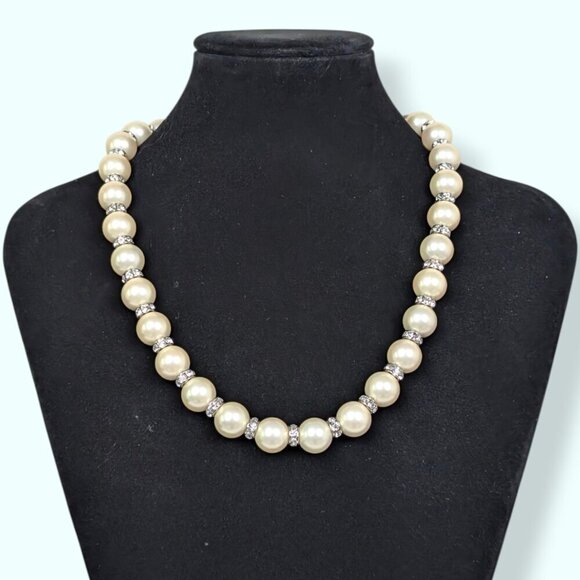 V. Glass Pearl Rhinestone Accent Necklace - Picture 2 of 6